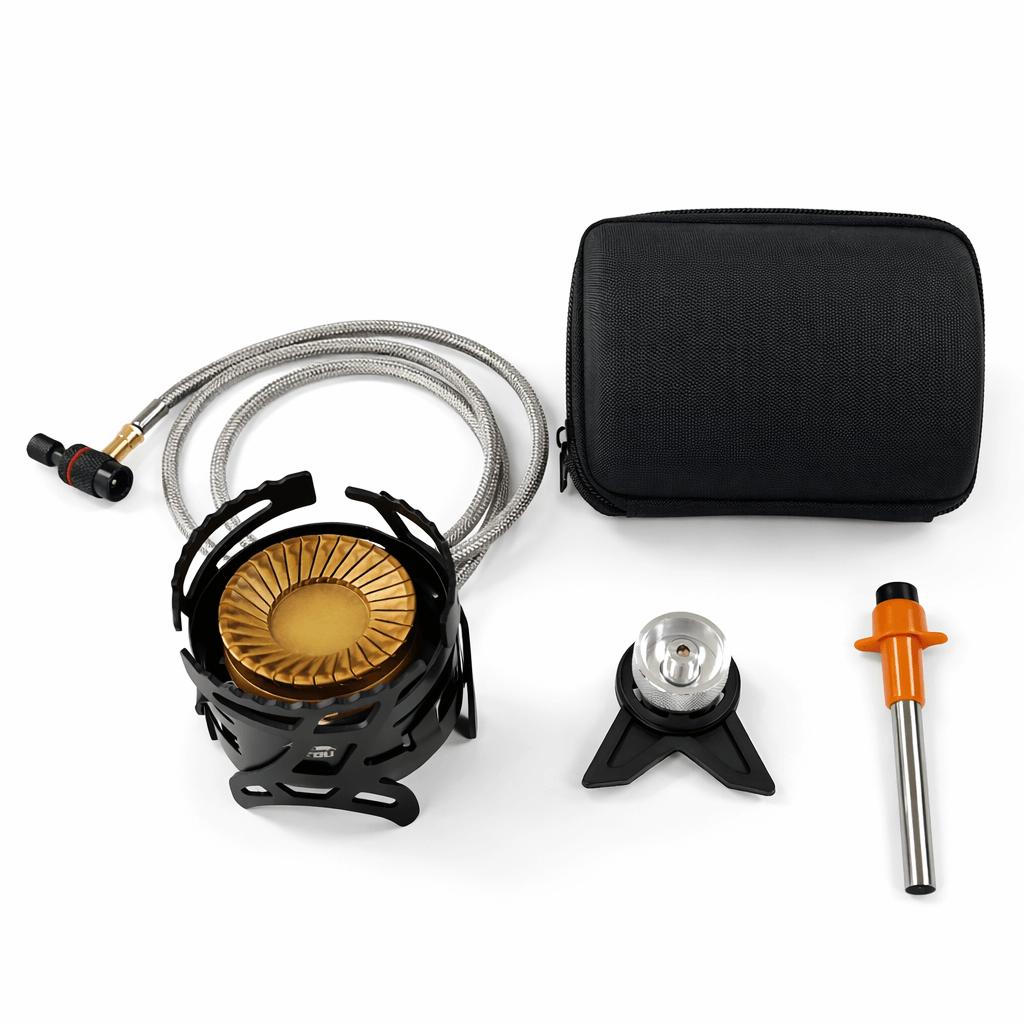 เตาแก๊สพกพา Trailtride กำลังไฟสูง 24,000 BTU - หัวเตาแบบวงแหวนคู่ทำจากทองเหลือง และดีไซน์กันลม - มาพร้อมอะแดปเตอร์แก๊สสำหรับใช้งานทั่วไป เหมาะสำหรับการตั้งแคมป์ในรถยนต์ การแบกเป้ และการเตรียมพร้อมสำหรับสถานการณ์ฉุกเฉิน