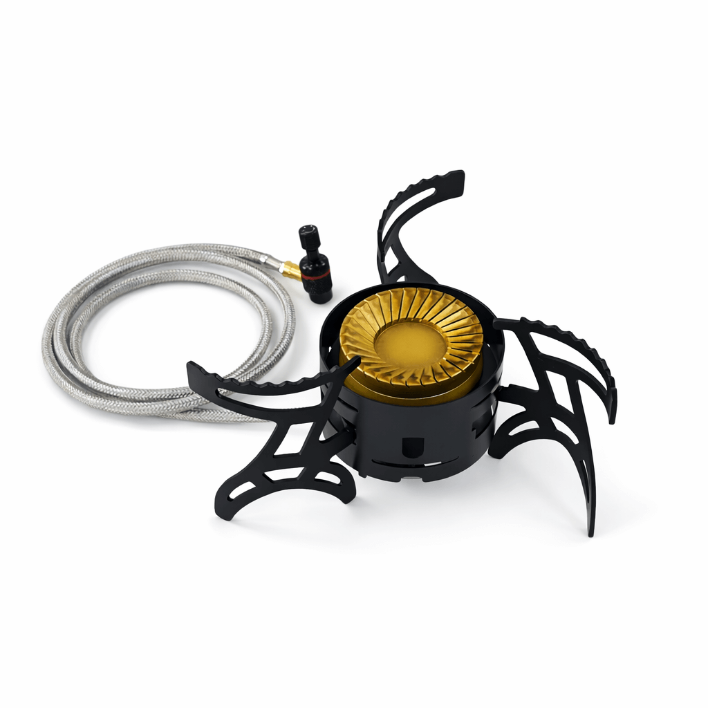 เตาแก๊สพกพา Trailtride กำลังไฟสูง 24,000 BTU - หัวเตาแบบวงแหวนคู่ทำจากทองเหลือง และดีไซน์กันลม - มาพร้อมอะแดปเตอร์แก๊สสำหรับใช้งานทั่วไป เหมาะสำหรับการตั้งแคมป์ในรถยนต์ การแบกเป้ และการเตรียมพร้อมสำหรับสถานการณ์ฉุกเฉิน